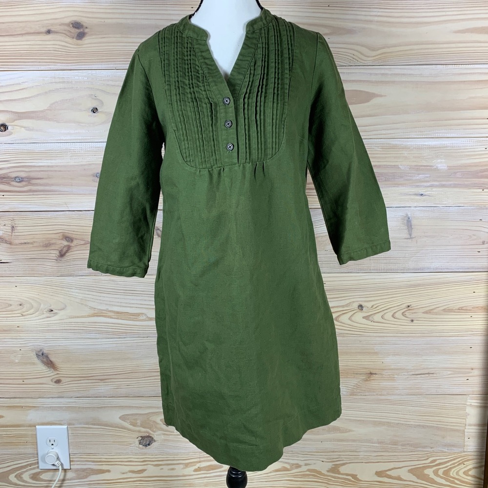 Boden Shift Dress Women‎ 8R Green Pintuck Pleated Bib Henley Mini Boho